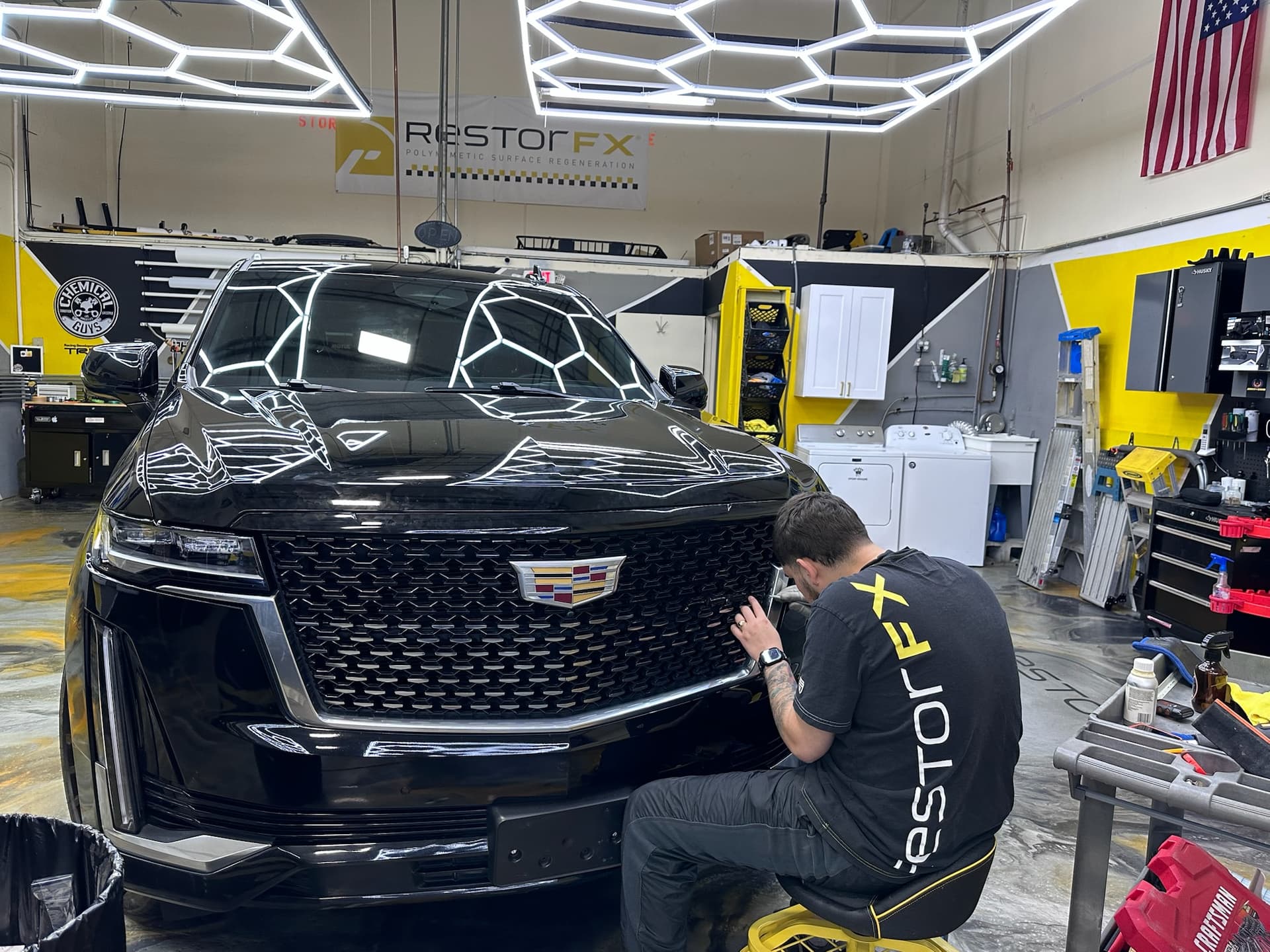 Caliper painting process in shop — prep and application