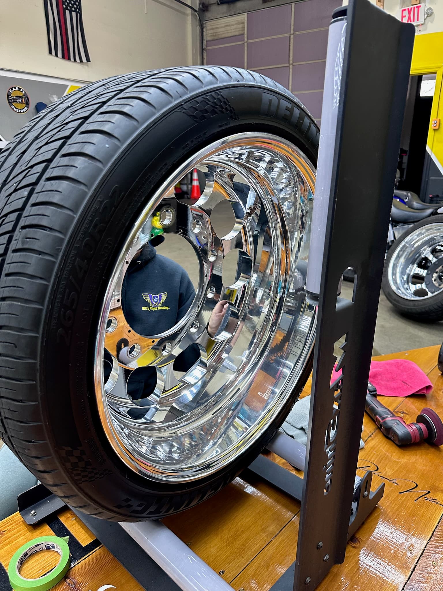 Polished wheels displayed inside the workshop